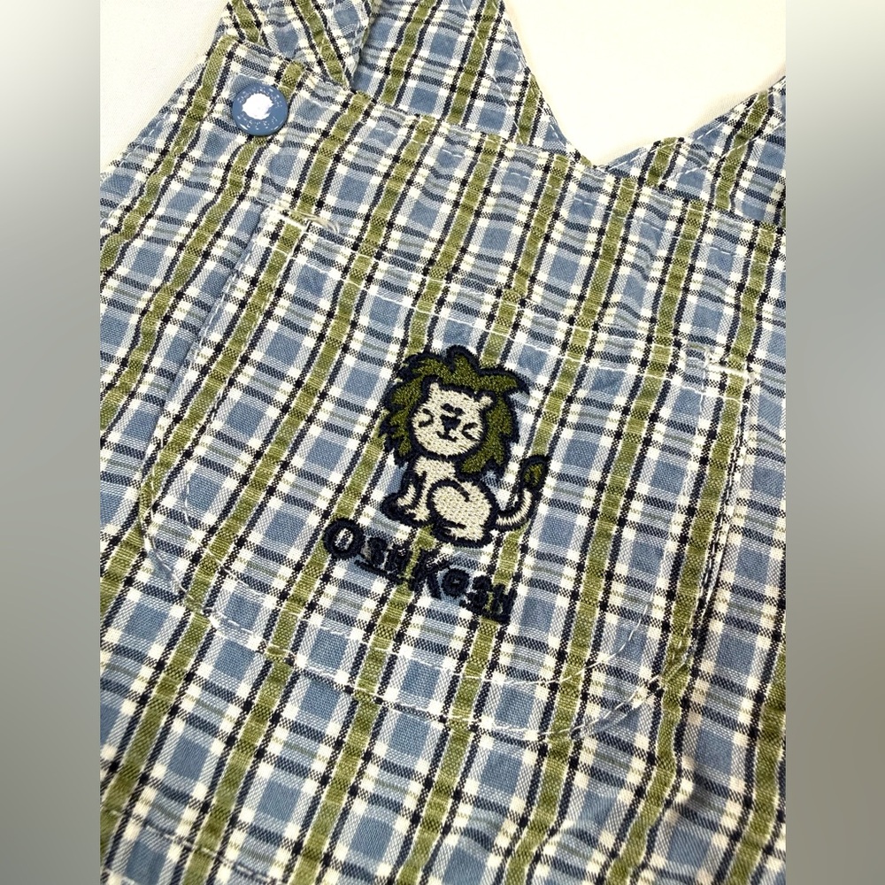 VINTAGE OSHKOSH Boys Plaid Overalls 6-9m Lion Embroidered 90s Y2K Cottagecore - Picture 3 of 13